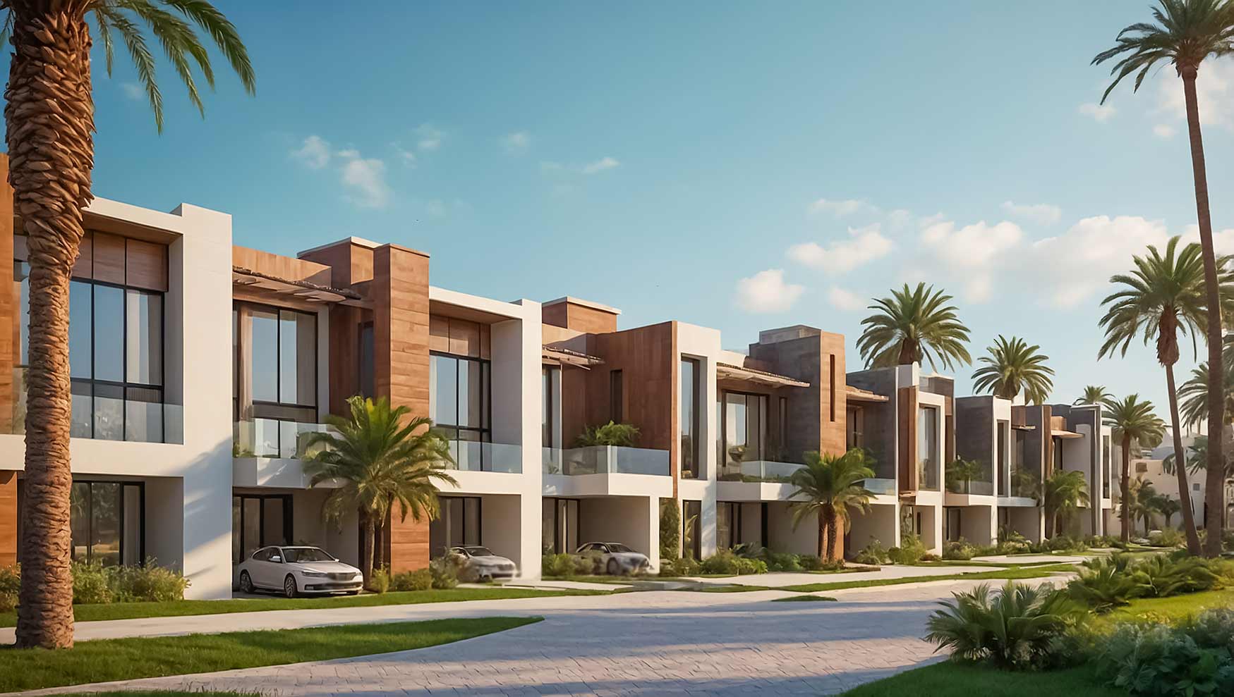 Image of two story clean south florida condos with cars in drives and common road out front. Greenery and palm trees dot scenery