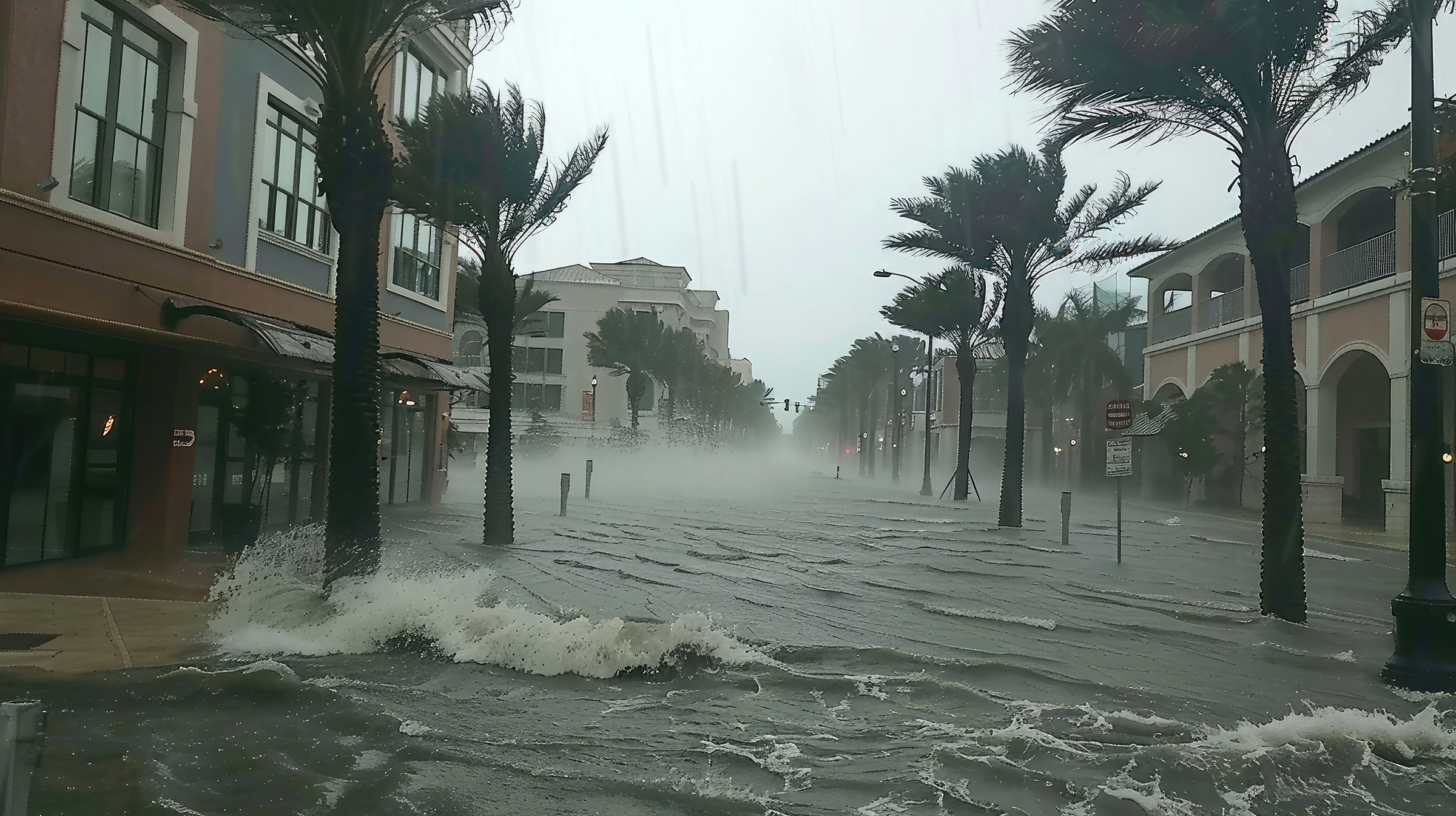 Flooded Las Olas Blvd and Palm trees blowing in the winds, catastrophic hurricane Irma.
