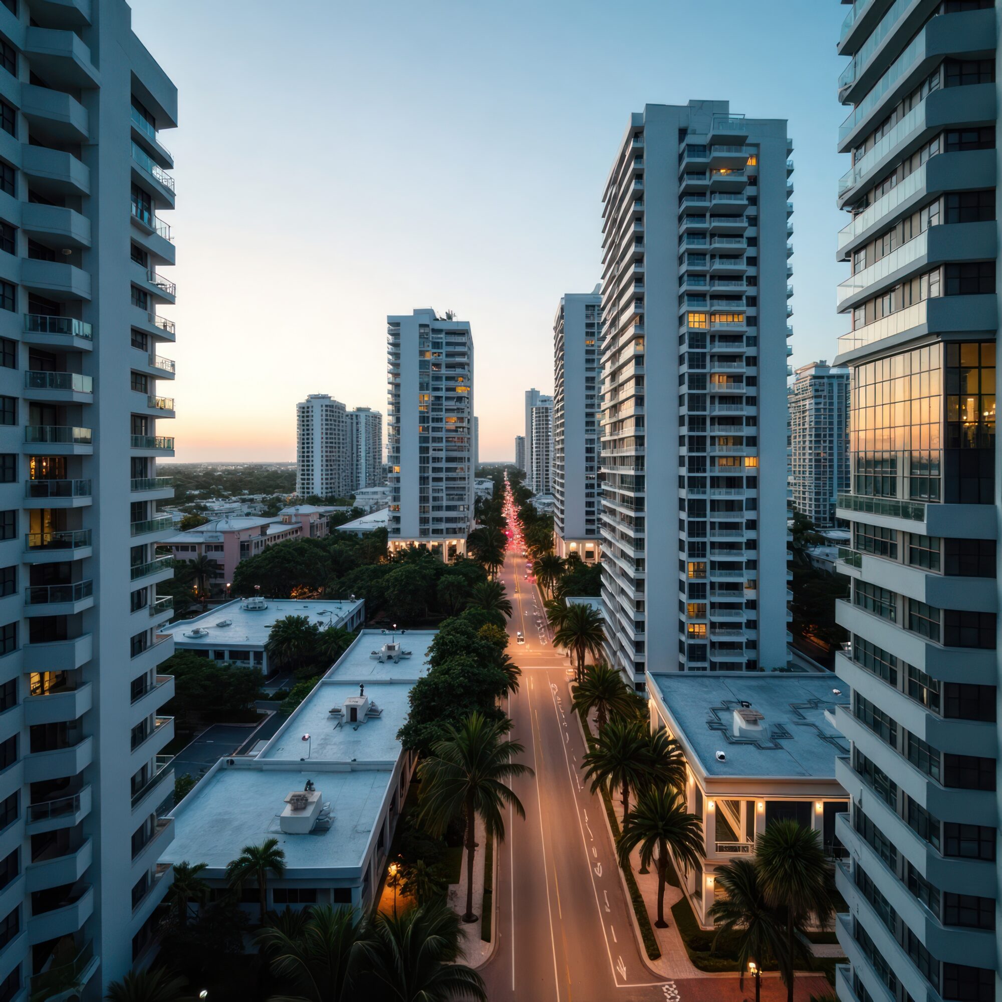 Urban street scene in Fort Lauderdale Florida. High-rise condominiums line wide road. Palm trees plants present between buildings. Dusk early morning light illuminates city. Cars travel along road.