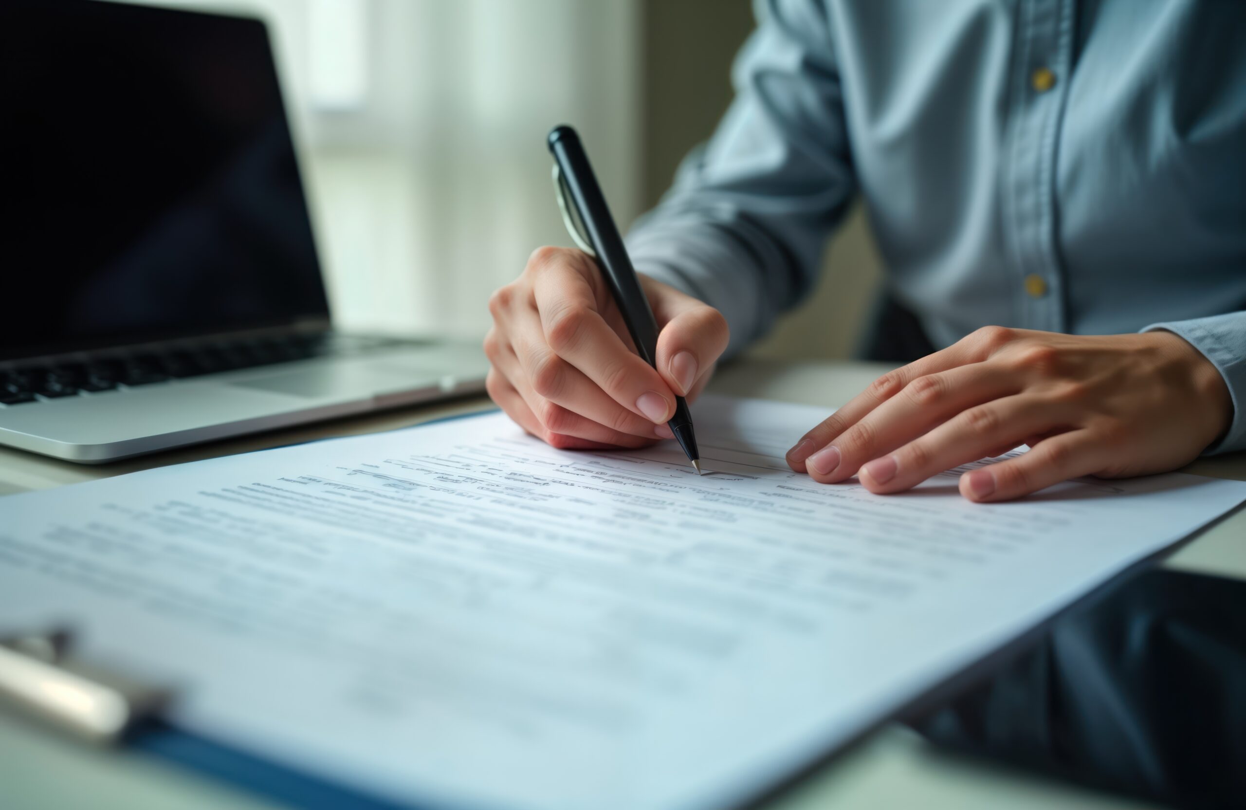 Person signs contract documents. Business person meticulously completes paperwork. Focuses on form completion. Business deals, real estate agreements. Success concept. Business professional client.